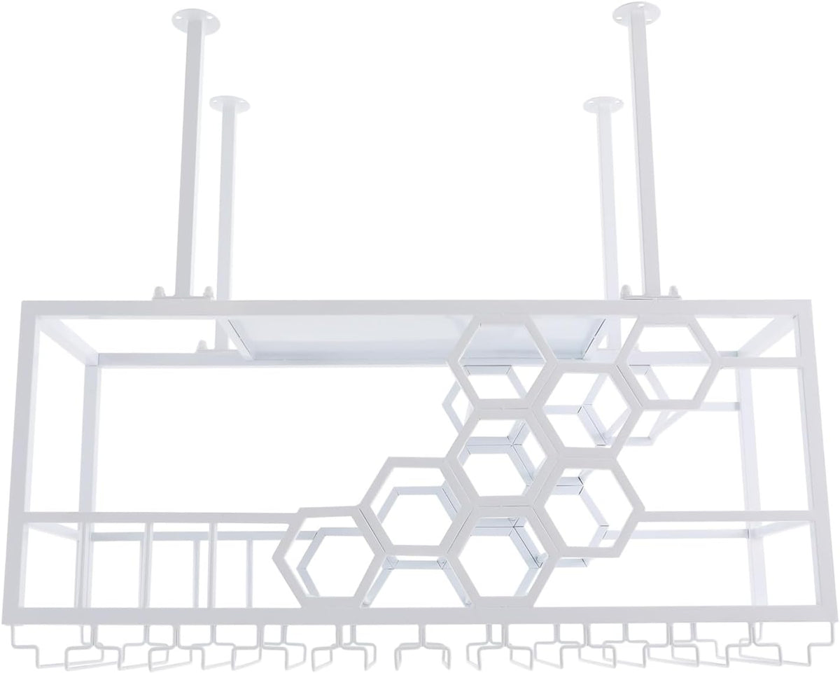 Ceiling Wine Glass Rack, 39" Hanging Wine Rack with Glass Holder and Shelf, Industrial Hanging Wine Bottle Holder, Iron Wine Shelf for Bar Cafe Kitchen - White