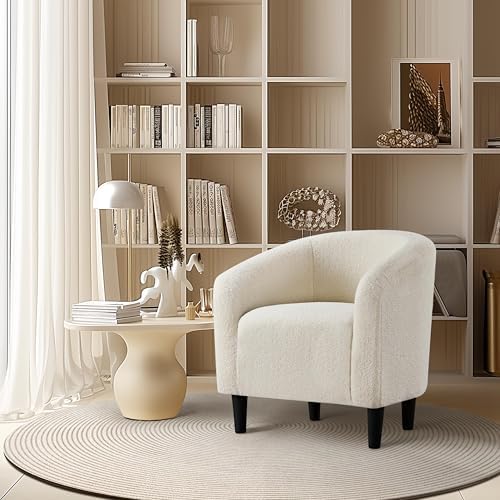 Yaheetech Small 25.5in Wide Sherpa Barrel Accent Chair for Bedroom, Ivory | Compact Cozy Barrel Chairs with a Curved Silhouette, Upholstered Furry Armchair for Small Spaces, Living Room Bedroom Corner