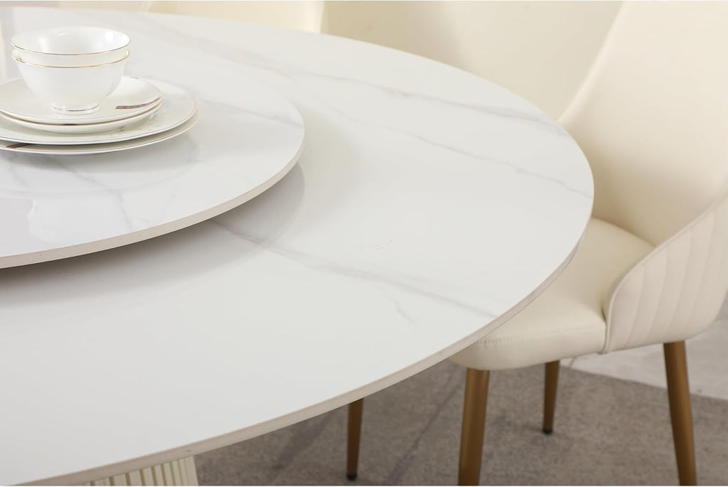 Round Marble Dining Table, Dining Table Faux Marble Stone Top Dining Room Set for 6-8 (White Tabletop, 59in Only Table with Lazy Susan)