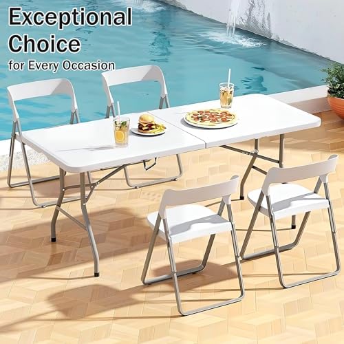 1 Set 6 FT Rectangle Folding Table with Carrying Handle, Lightweight Fold-in-Half Utility Table, with Matching Black Stretch Spandex Covers, Ideal for Weddings, Parties, Camping, Banquets, Crafts