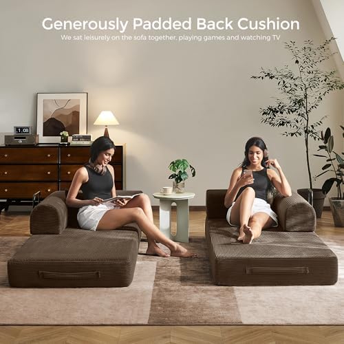 79" Convertible Futon Sofa Bed, Couch for Living Room | Brown | Folding Corduroy Sleeper Sofa, Modular Futon Couch with Fixed-Shape Frame, Pull Out Couch No Assembly