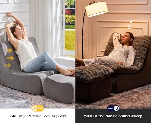 Hobestluk Small Couch Sofa Chaise Lounge Chair Recliner Chair with Footrest | Ergonomic Design,Fluffy Fabric,Multi-Functional Ottoman,No Assembly,Lounge Chair Indoor Living Room Apartment | Grey Single