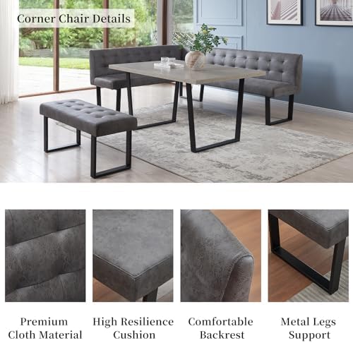 HIPIHOM Dining Table Set with Bench, Grey Table with Grey Right Seat Bench | 42.9 Inch MDF Tabletop with Corner sofa and 43.3 In Bench, Metal Legs for Family Dining Room Furniture, Apartment