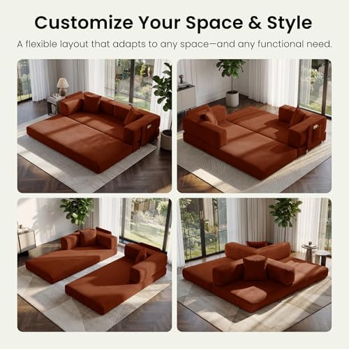 78.8" Convertible Futon Sofa Bed, Couch for Living Room | Corduroy Loveseat Sleeper Sofa, Modular Futon Couch with Storage Pocket, Pull Out Couch No Assembly | Rust Red
