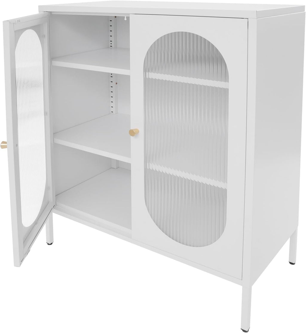 Accent Cabinet with Glass Doors – 3 Tier Storage, Modern Coffee Bar Station Pantry Cupboard Accent Cabinet for Kitchen Living Room Bedroom Bathroom, 31.5"x15.8"x40"(Creamy White)