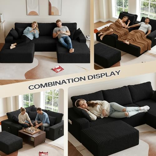 108" U-Shape Modular Sectional Cloud Couch with Ottoman, Deep Seat Couch with Oversized Chaise Lounge, Comfy Flannel Fabric Sofa for Living Room Bedroom Apartment Game Room Basement