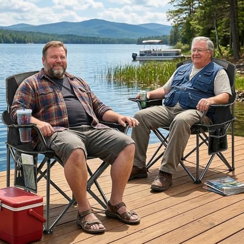2 Pack Padded Oversized Camping Chairs for Adults,Heavy Duty Support 400 Lbs,Folding Portable Lawn Chair w/Cup Holder,Cooler Bag,Side Pocket,Perfect for Outdoor Picnic,Hiking(Black)