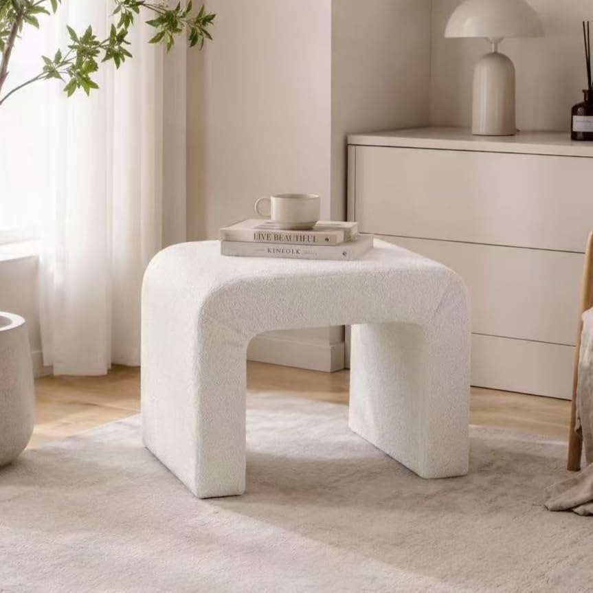 Modern Boucle Ottoman Footstool, 24" Arched Upholstered Vanity Stools for Makeup Room, Small Foot Rest for Entryway, Living Room, Bedroom (Fully Assembled)，White
