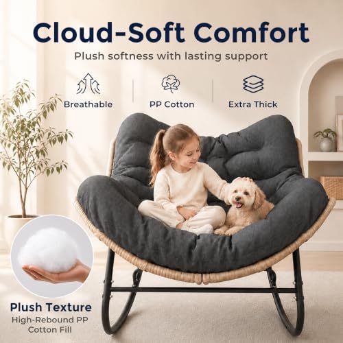 SWITTE Papasan Rocking Chair, Outdoor Wicker Egg Rocker with Cushion, Grey | Comfy Oversized Reading Chair, Cozy 30°-Rock Bed with 6" Cushion, Steel Frame 450LBS Capacity for Patio Porch Lawn