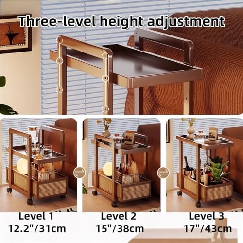 Modern 2-Tier Bamboo Rolling Side Table with Rattan, Stylish Coffee Table on Wheels, Versatile End Table for Living Room & Office, Durable & Chic Design