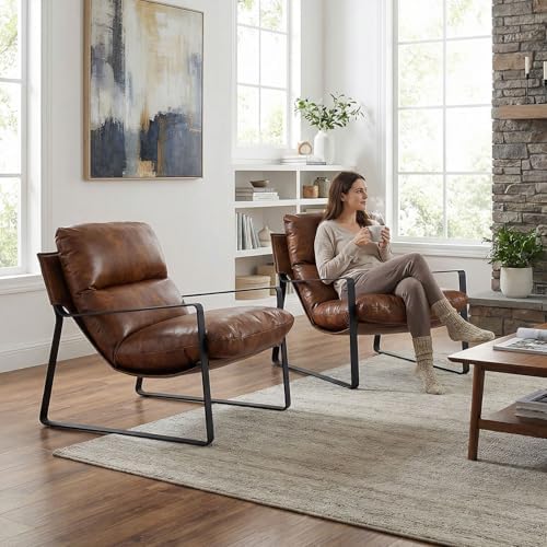 LukeAlon Modern PU Leather Accent Armchair, Black | Pu Leather Upholstered Living Room Chair With Metal Base & Thickened Cushion, Comfy Single Lounge Sofa for Bedroom, Office