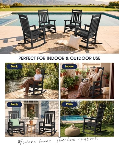KINGYES Oversized Outdoor Rocking Chairs Set of 2, HDPE Porch Rocker, Black | - Rocking Chairs for Outdoor with Wide Seat - 350LBS Support for Adults
