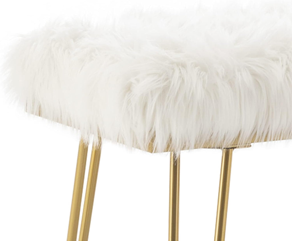 White Faux Fur Ottoman Bench Upholstered Furry Entryway Bedroom Bench with Gold Metal Legs, Modern Contemporary Long Bench Ottoman Hair Foot Rest Stool for Entryway, Living Room, Bedroom