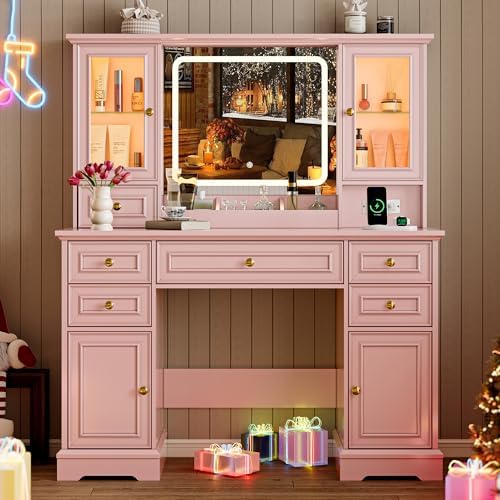 BORNOON Vanity Desk with Lights, Large LED Mirror with 3 Color Modes, Makeup Vanity with Power Outlet & USB Ports, 6 Drawers & 2 RGB Glass Cabinets, Farmhouse Dressing Table for Women & Girls (Pink)