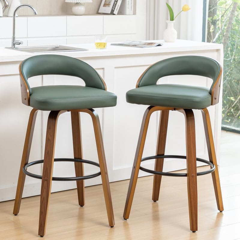 Set of 2 Swivle Counter Stools, 25" Counter Height Bar Stools with Upholstered Seat Bentwood Frame Mid Century Modern Stools for Kitchen Island, Counter, Green