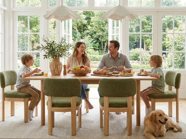 ROCITY Green Upholstered Dining Chairs Set of 4 Chenille Fabric Dining Room Chairs Modern Barrel Kitchen Chairs with Curved Backrest and Wooden Legs