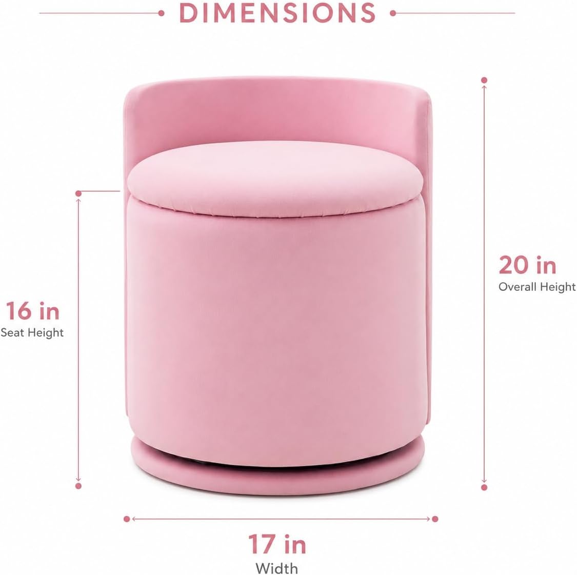 Vanity Chair with Storage and Back 360°Swivel Makeup Chair 17" D x 17" W x 20" H Soft Seat Ottoman Small Side Table Hallway Footstools for Living Room Makeup Room (Pink)