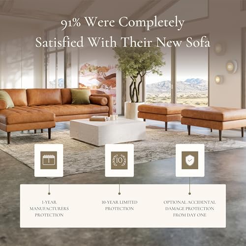 Poly & BARK Napa Ottoman - Full-Grain Leather Upholstered Ottoman with Feather-Down Topper - Couch for Living Room - Vintage Italian Leather in Cognac Tan