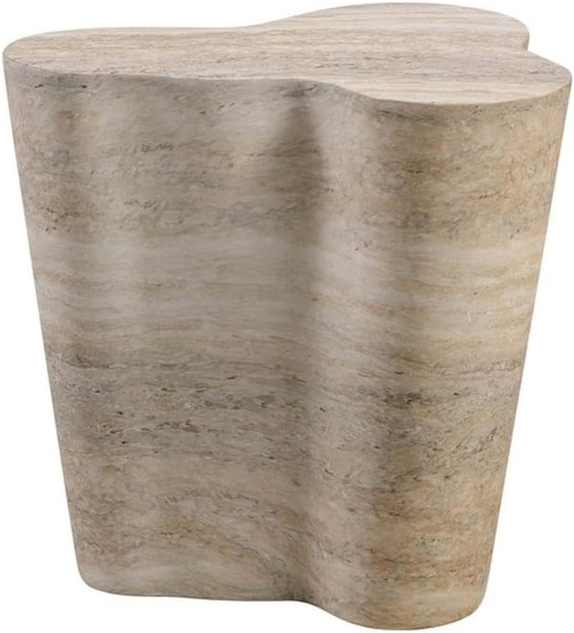 MAKLAINE Transitional Faux Travertine End Table, Tan Finish, Concrete Material, Short Free-Form Shape, Minimalist Style, Handmade for Modern Living Room Décor