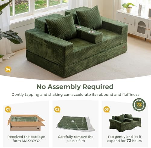 MAXYOYO Sofa Bed, 64-Inch Loveseat with 2 Cup Holders | Corded Green 4-in-1 Sofa Converts Into a Floor Couch or Recliner Chair; Sofa-in-a-Box Needs No Assembly for Living Rooms