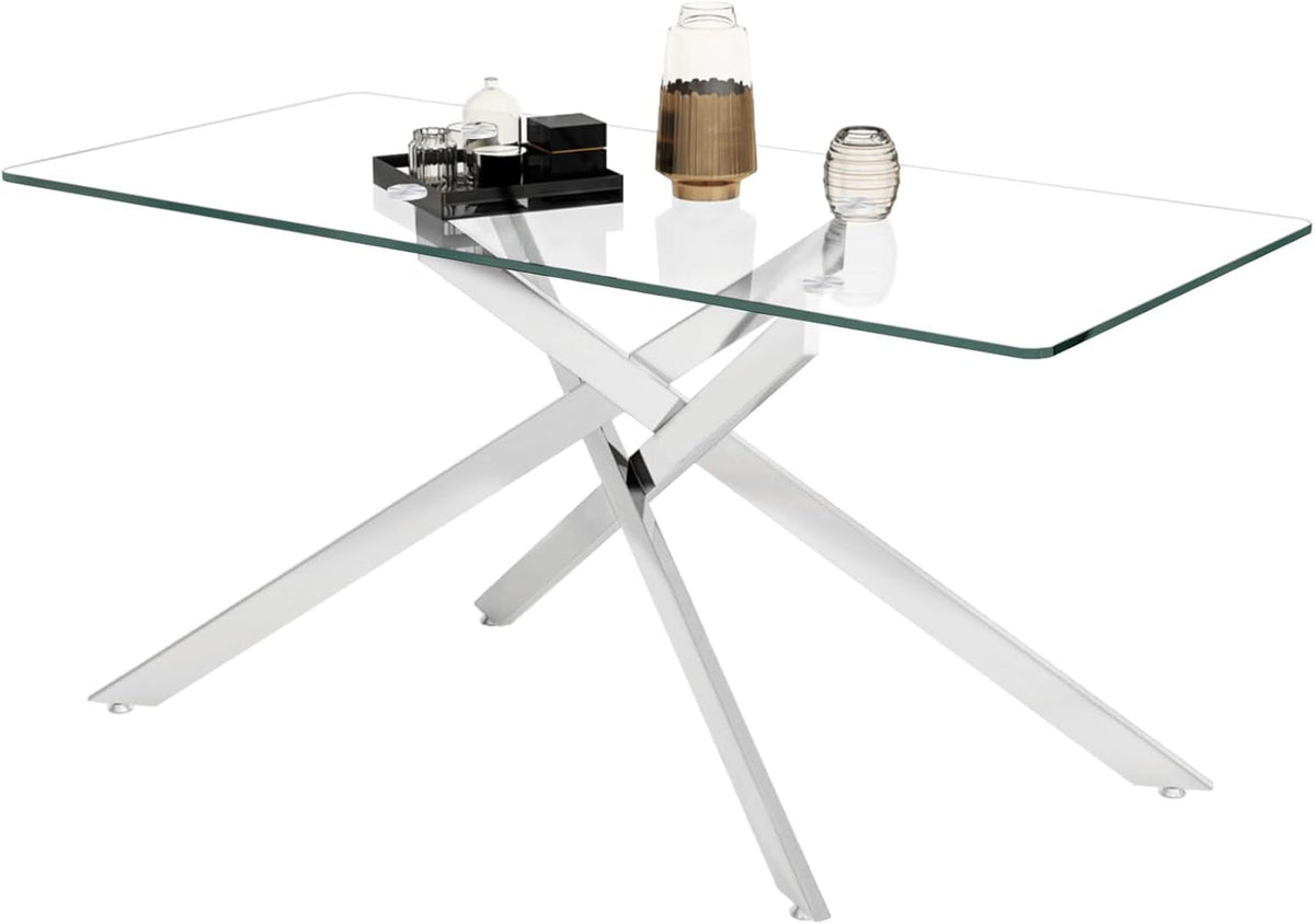 Henf 7 Piece Glass Dining Table Set for 6, 61" Modern Silver Kitchen Table and Chairs for 6, Rectangle Dining Room Table Set with 6 White Faux Leather Chairs for Small Space,Home, Apartment