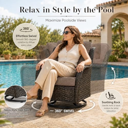 HUMMUH Outdoor Swivel Rocker Wicker Patio Chairs Set of 2, Rattan Rocking Chair Furniture Set(Brown,Grey)