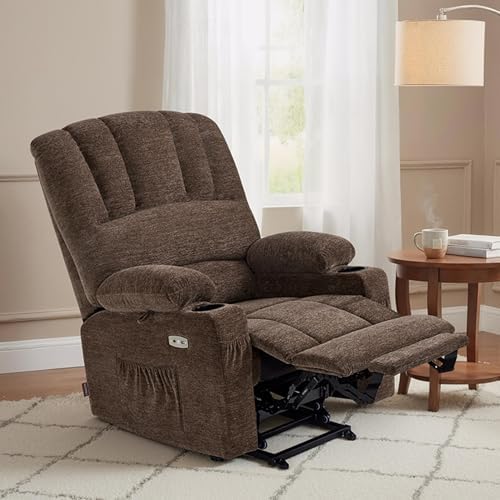 MCombo Power Lift Recliner Chair for Elderly 7095 (Medium, Coffee) | Stand Assistance, Heat and Massage, 4.7" Extra Footrest, USB Charge Ports, Cup Holders, Side Pockets, Fabric, Easy Assembly