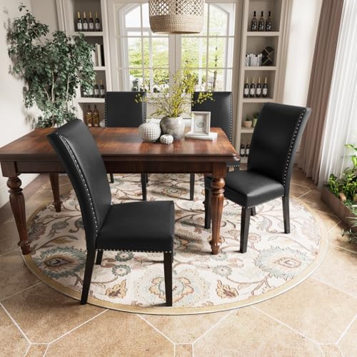 LEEMTORIG Set of 4 Upholstered Parsons Dining Chairs, Faux Leather Dining Room Kitchen Side Chair with Nail-Head Trim for Living Room Bedroom Outdoor Lounge Guest Cafe, Midnight Black CY-1122-BK02