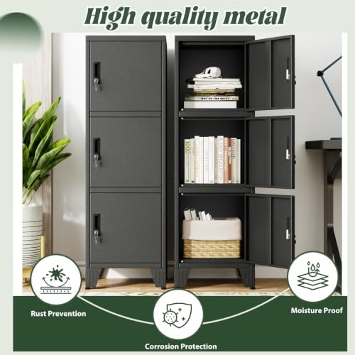 Metal Lockers for Employees-3 Doors Storage Locker with Shelves and Lockable Steel Cabinet for School,Gym,Office,Staff,Assembly Required,Black