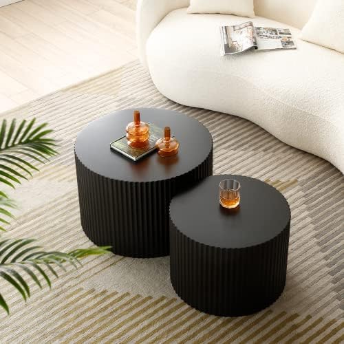 WILLIAMSPACE Black Round Coffee Table Set of 3, Modern Circle Wood Coffee Table Set, 3 Peice Nesting Coffee Accent Side Table End Table for Home Office, No Assembly (3 PCS, Black)