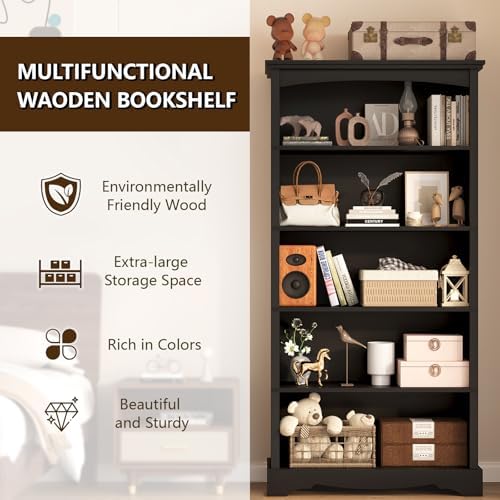 TVU 5-Tier Wooden Bookshelf, 31.5" W x 65" H ×9.9" D Bookshelf with Storage, Floor Standing Modern Style Display Bookcase for Living Room, Office, Study Room, Entryway, Black