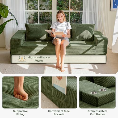 MAXYOYO Convertible Sofa Bed, 80" Oversized Loveseat Couch 4 in 1 Foldable Floor Sofa Couch in A Box with 2 Cup Holders, Folding Chair for Living Room, No Assembly Required, Green | Corded Green 4-in-1 Couch Converts Into a Floor Sofa