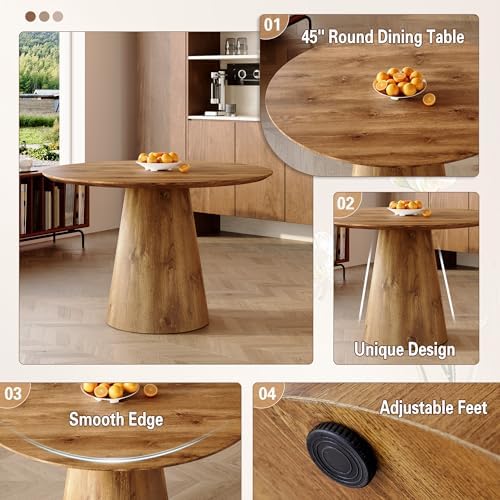 45" Round Dining Table, Round Pedestal Dining Table for 4 | One-Piece Round Tabletop, Wood Grain Finish, Stable Pedestal Base, Easy Assembly, for Kitchen Dining Room
