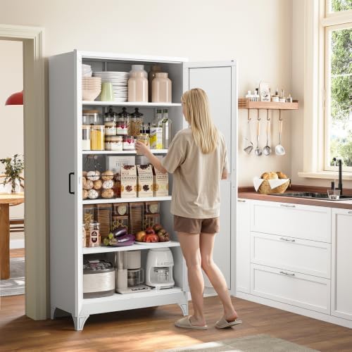 Yizosh Metal Storage Cabinet with Doors and 4 Adjustable Shelves - 75" White Kitchen Pantry Storage,4-Tier Tall Steel Cabinet Locker for Kitchen,Living Room,Dining Room