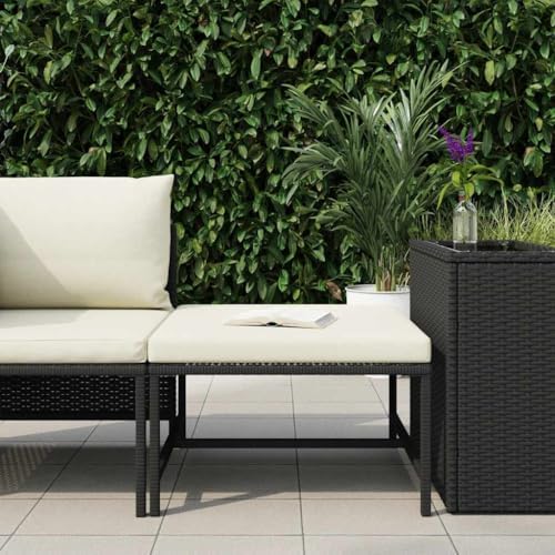 Outdoor Sectional Footrest with Cushion, Black Poly Rattan Footrest for Garden Lounge Set, Weather-Resistant PE Rattan and Powder-Coated Steel Frame, Use as Ottoman or Coffee Table