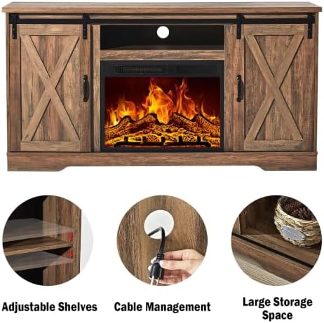 AMERLIFE Farmhouse 5 Piece Living Room Table Set, 59" TV Stand, Barnwood | TV Console for Living Room with 23" Electric Fireplace, 40" Coffee Table and 2 End Tables with Charging Station and USB Ports