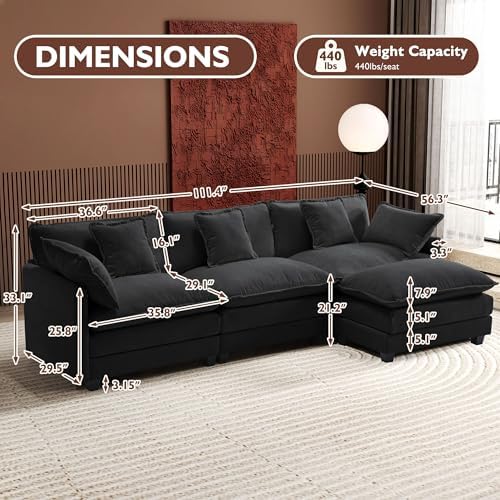 Ihanherry 111.4" L Shaped Modern Sofa Modular Sectional Cloud Couch with Ottoman, 4-Seat Chenille Deep Seat Sofa with Pillow for Living Room, Bedroom and Apartment, Black