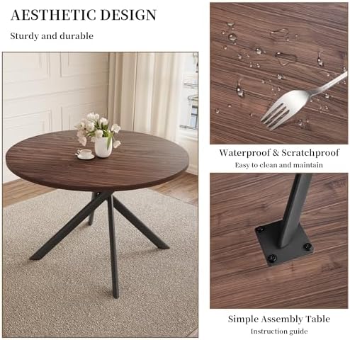 HIPIHOM 45.3'' Walnut Round Dining Table Set for 4, Mid Century Modern Small Coffee Set for Dining Room Kitchen Apartment (Dark Walnut Table + 4 Black Chairs)