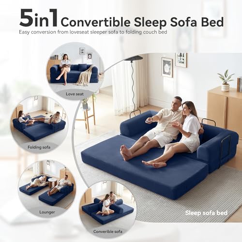 79" Convertible Sofa Bed, Couch for Small Living Room | Corduroy Loveseat Sleeper Sofa, Modular Futon Couch with 2 pillow, Pull Out Couch No Assembly (Navy Blue)