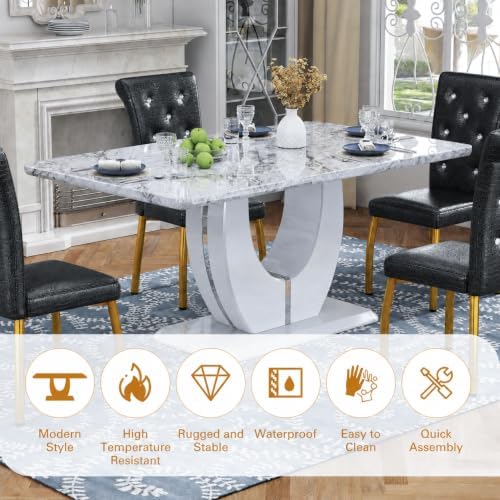 5 Piece Faux Marble Dining Table Set for 4, 63" Rectangular Kitchen Table and Chairs Set with 4 Tufted PU Leather High Back Chairs, Modern Dining Room Table Set with U-Shaped Pedestal Base, White Gold