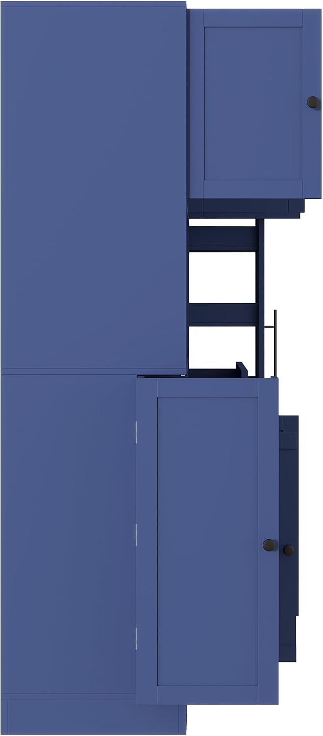 Polibi Freestanding Pantry Cabinet with Hutch & 7-Tier Pull-Out Side Cabinet, Door Shelves and Drawer, P2 MDF, Anti-Tip Safety, 52.8x17.7x70inch (Blue)