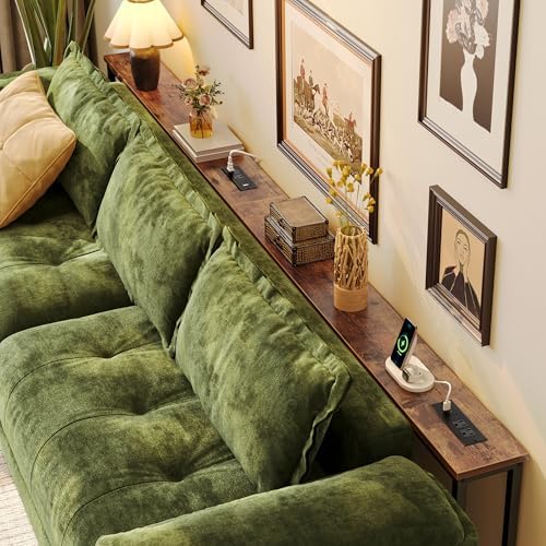 Huuger 110.2 Inch Sofa Table with Power Outlets, Skinny Behind Couch Table | Console Table with USB-C Ports, 23.9’’-34.4’’ Height Adjustable Range, Sofa Tables Narrow Long for Small Spaces, Rustic Brown