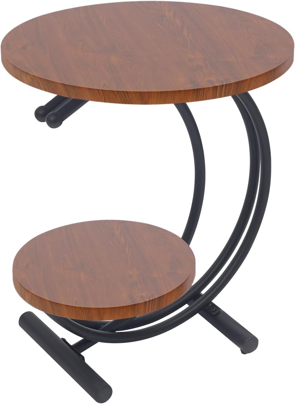 JOMCYDM 2-Tier Side Table, 2-Tier Round End Table, 55x55x60cm End Table with Storage Shelf for Living Room, Bedroom,Floor Standing (Black + Walnut Color)