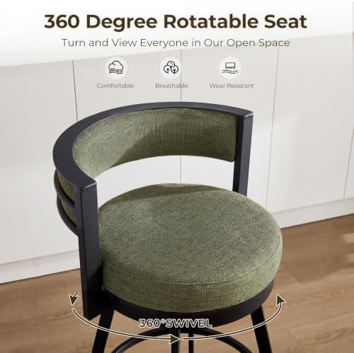 Flouki Swivel Counter Height Bar Stools Set of 2, Upholstered 26.6" Modern Counter Stools with Arms, Linen Barstools with Back and Metal Base for Kitchen Island, Dining Room, Green Linen Fabric