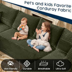 Green 134 Inch U-Shaped Modular Sectional Sofa, Corduroy Cloud Couch with Dual Chaise, High-Resilience Foam & Spring Coils, Deep Seat Lounge with 2 Cupholders & Side Pockets, No Assembly