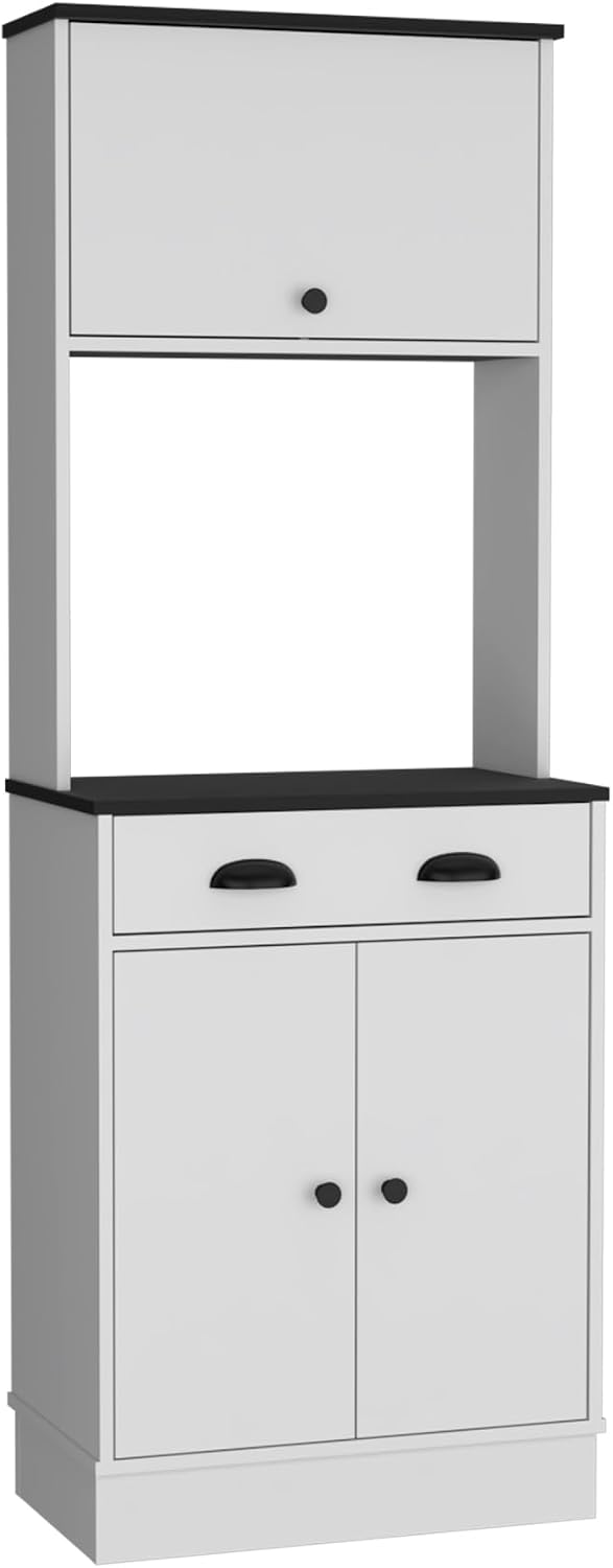 Apex Kitchen Pantry 66.3" H with Drawer, 2 Cabinets, and Microwave Stand, White/Black