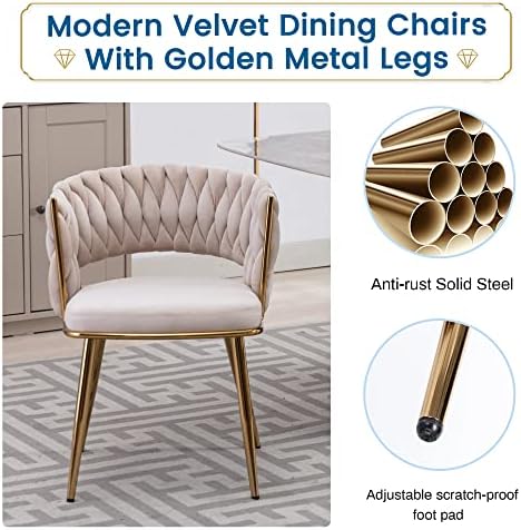 KCC Velvet Dining Chairs Set of 2,Woven Chairs with Metal Legs,Green | Modern Dining Chair with Metal Legs, Upholstered Dining Chairs for Dining Room, Kitchen, Vanity, Living Room