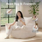 Giant Plush Bean Bag Chair for Adults with Armrests - Oversized Comfy Beige Beanbag Lounge Lazy Floor Sofa Accent Chair for Living Room, Bedroom & Dorm, Cozy Fluffy Single Cloud Mini Couch