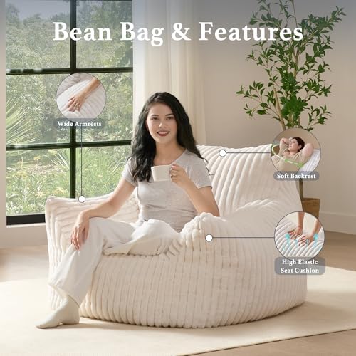 Giant Plush Bean Bag Chair for Adults with Armrests - Oversized Comfy Beige Beanbag Lounge Lazy Floor Sofa Accent Chair for Living Room, Bedroom & Dorm, Cozy Fluffy Single Cloud Mini Couch