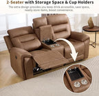 ANJ 3-Piece Power Recliner Sofa Set with Charging Ports, Include Single Recliner Chair, 2-Seater Loveseat with Hidden Storage & Cup Holders and 3-Seater Reclining Couch for Living Room, Brown